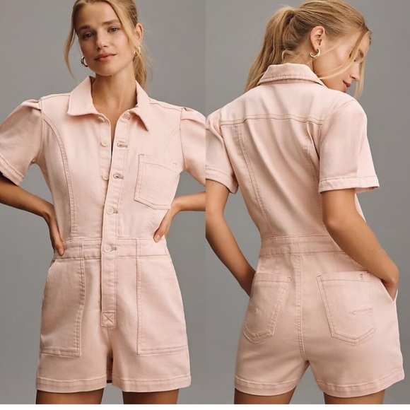 ANTHROPOLOGIE PILCRO PUFF SLEEVE PETAL PINK BUTTON FRONT ROMPER SIZE 8 - Picture 1 of 10